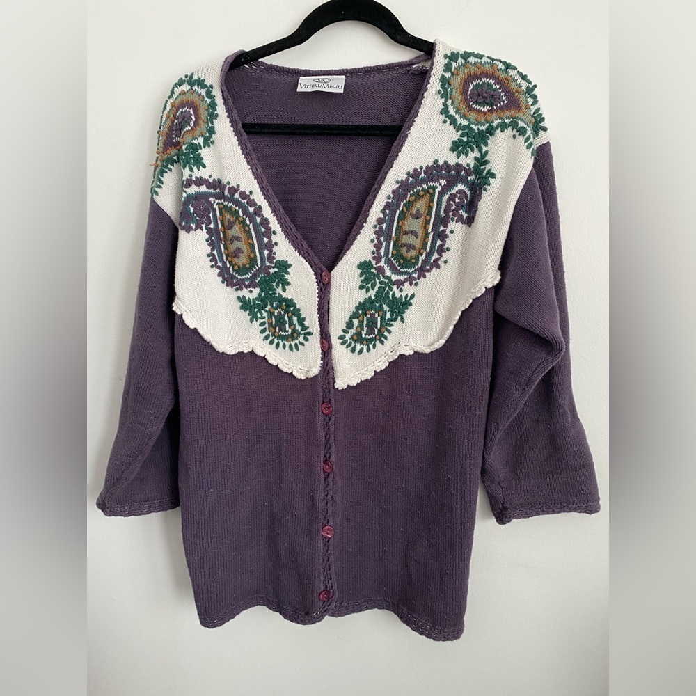 Vintage Grandma Crochet Embroidered Cotton Knit Button Front Cardigan - S Small